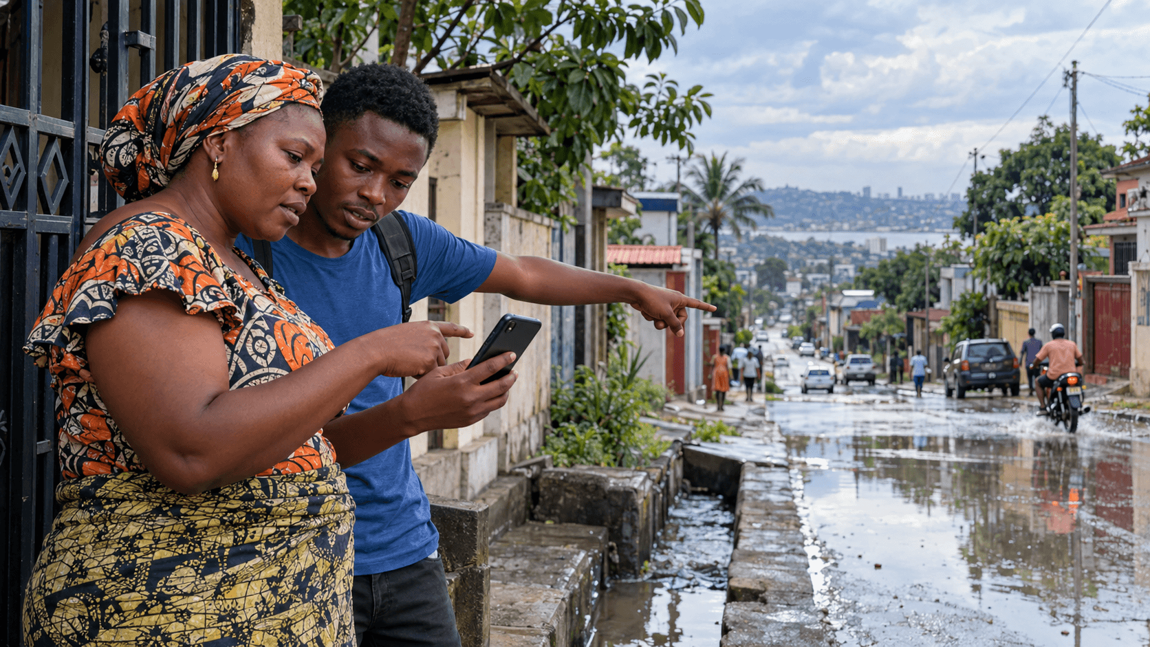 Habitants consultant une alerte après la pluie à Kinshasa