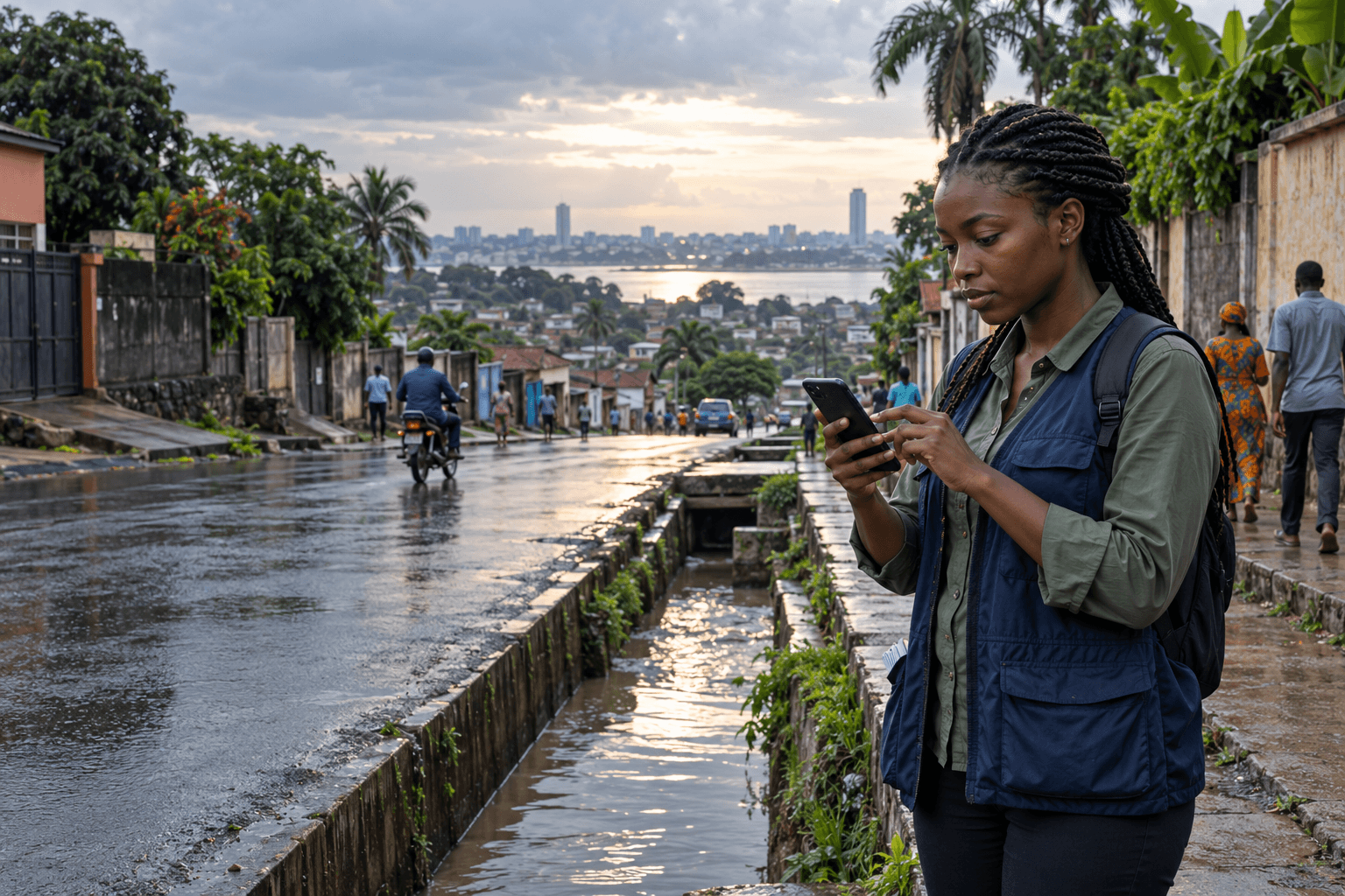 Agente communautaire observant les risques après la pluie à Kinshasa